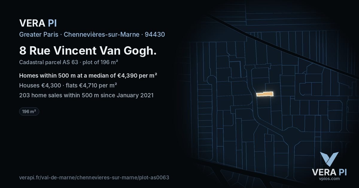 8 Rue Vincent Van Gogh, Chennevières-sur-Marne at night – the plot lit, the parcels around coloured by the prices near them