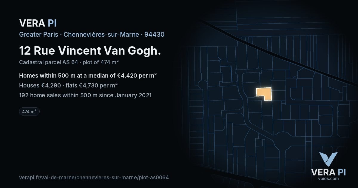 12 Rue Vincent Van Gogh, Chennevières-sur-Marne at night – the plot lit, the parcels around coloured by the prices near them