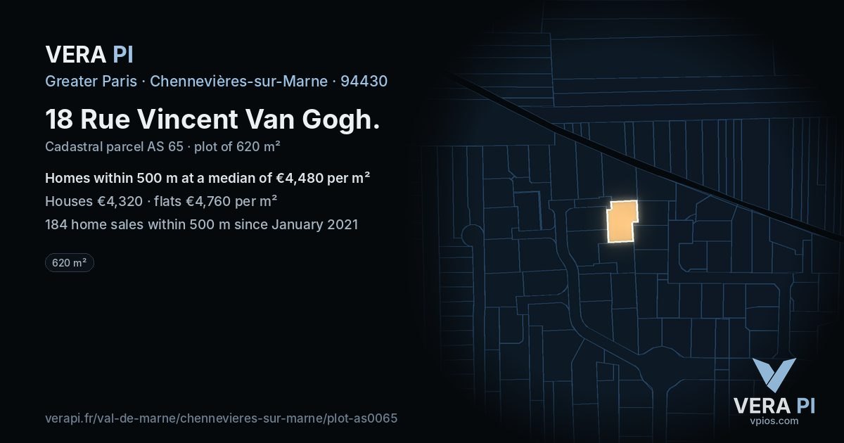 18 Rue Vincent Van Gogh, Chennevières-sur-Marne at night – the plot lit, the parcels around coloured by the prices near them