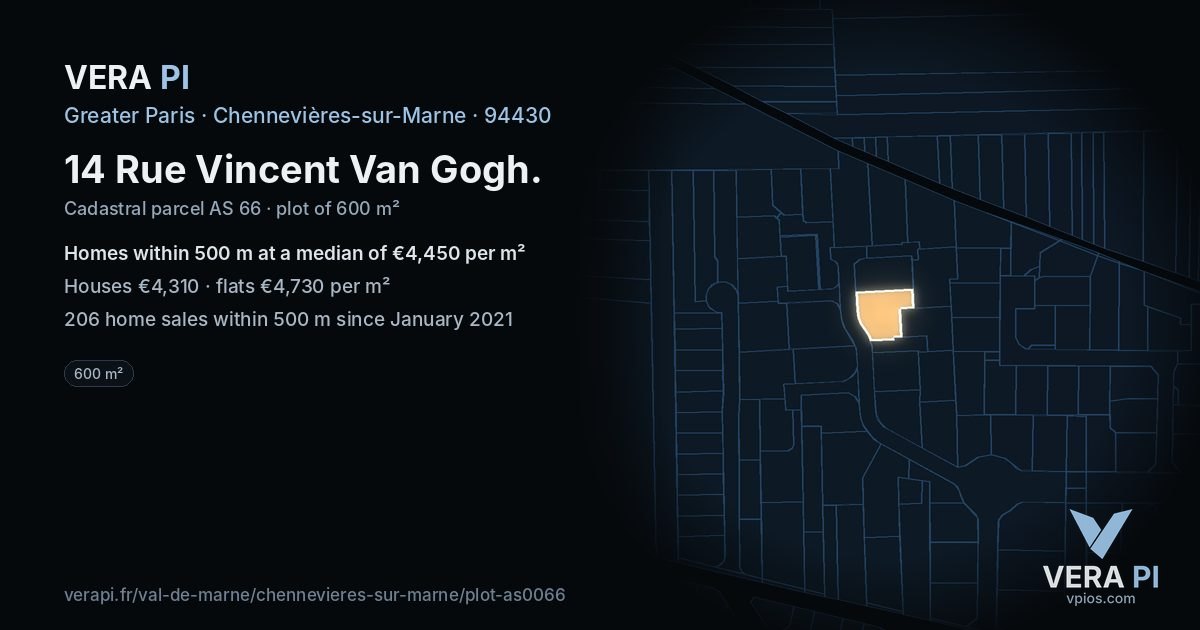 14 Rue Vincent Van Gogh, Chennevières-sur-Marne at night – the plot lit, the parcels around coloured by the prices near them