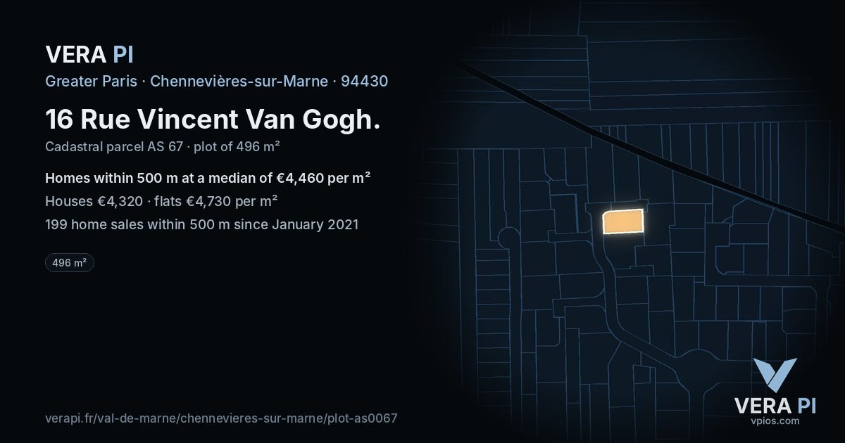 16 Rue Vincent Van Gogh, Chennevières-sur-Marne at night – the plot lit, the parcels around coloured by the prices near them