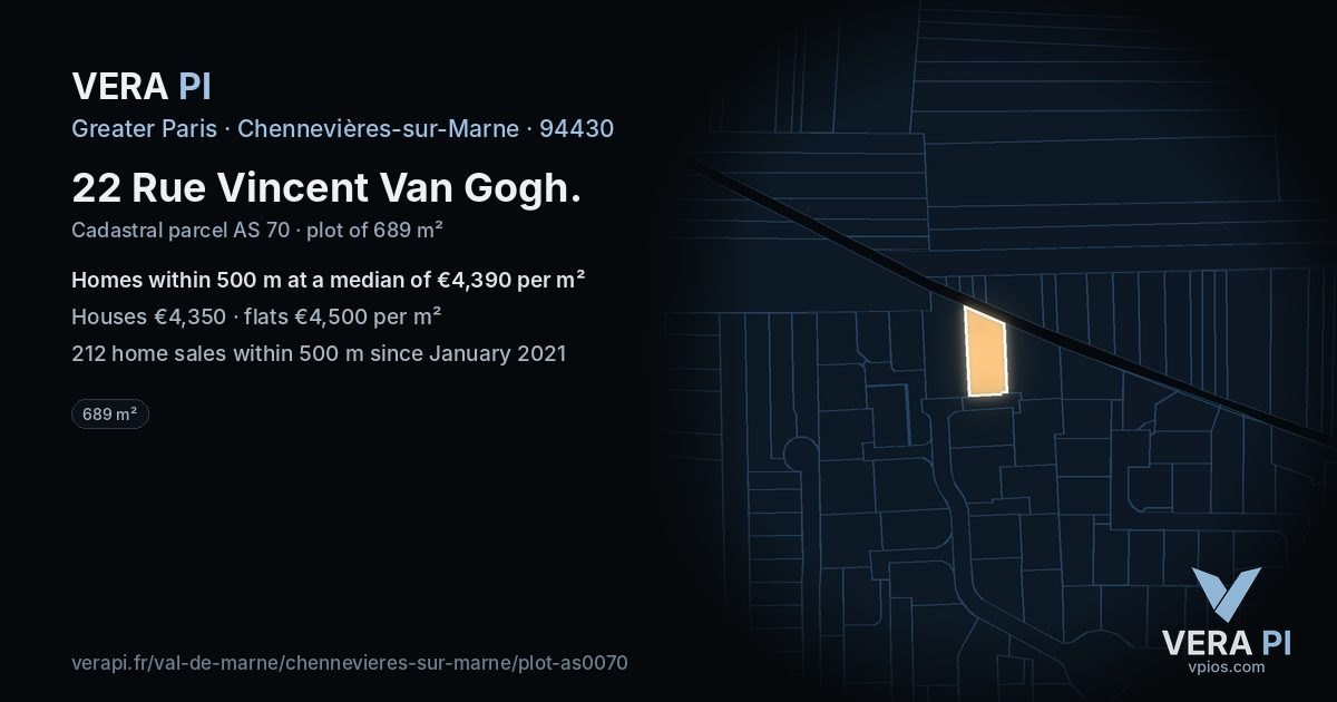22 Rue Vincent Van Gogh, Chennevières-sur-Marne at night – the plot lit, the parcels around coloured by the prices near them