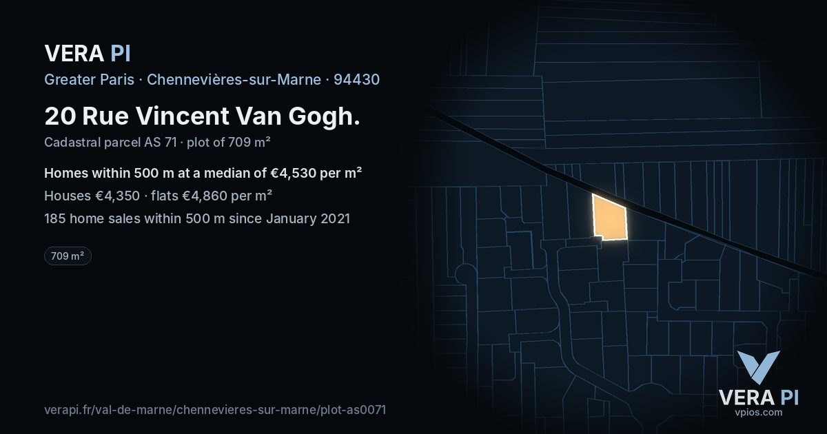 20 Rue Vincent Van Gogh, Chennevières-sur-Marne at night – the plot lit, the parcels around coloured by the prices near them