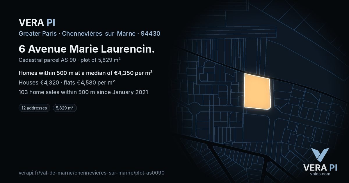 6 Avenue Marie Laurencin, Chennevières-sur-Marne at night – the plot lit, the parcels around coloured by the prices near them