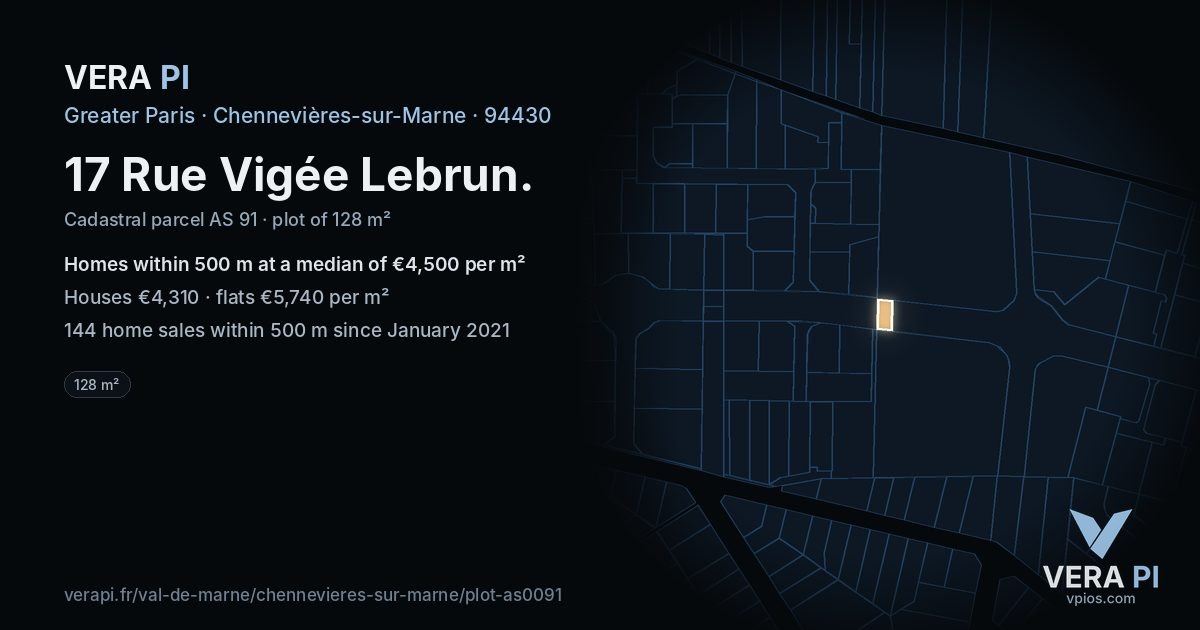 17 Rue Vigée Lebrun, Chennevières-sur-Marne at night – the plot lit, the parcels around coloured by the prices near them