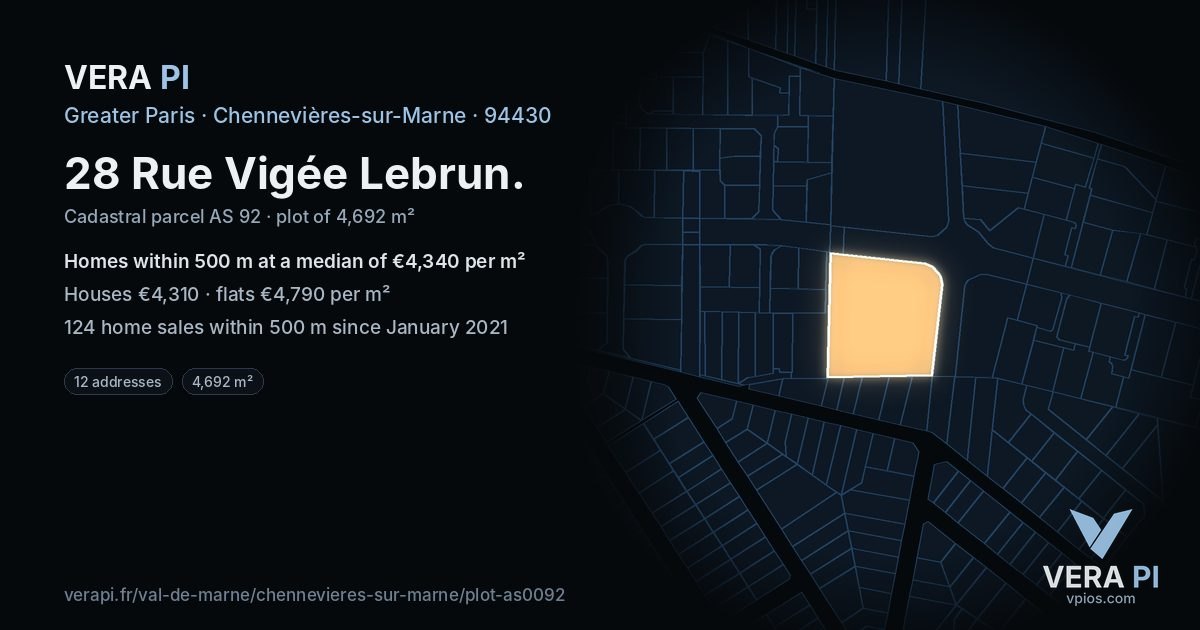 28 Rue Vigée Lebrun, Chennevières-sur-Marne at night – the plot lit, the parcels around coloured by the prices near them