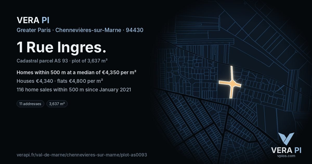 1 Rue Ingres, Chennevières-sur-Marne at night – the plot lit, the parcels around coloured by the prices near them