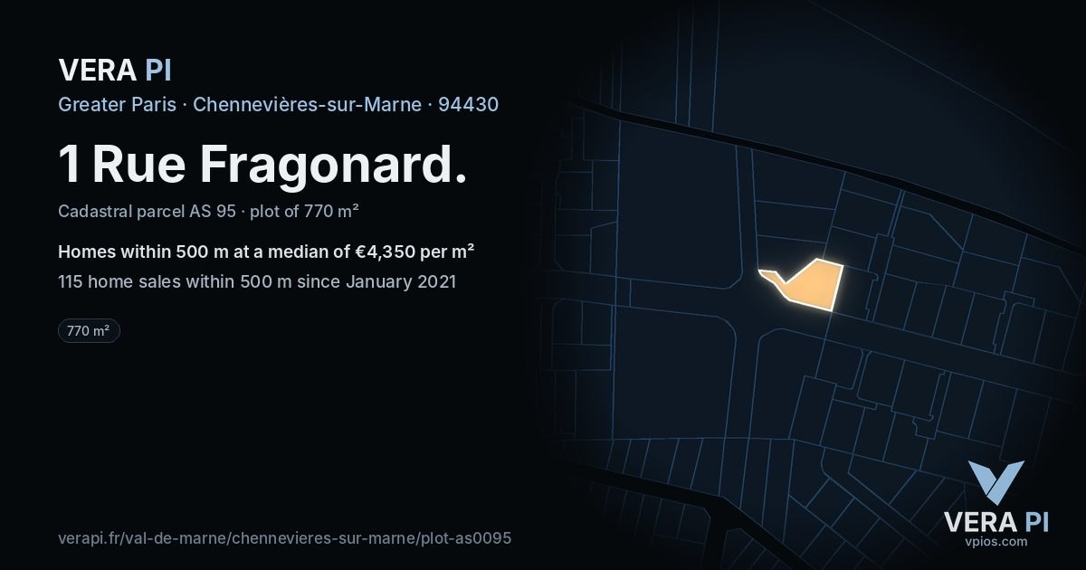 1 Rue Fragonard, Chennevières-sur-Marne at night – the plot lit, the parcels around coloured by the prices near them