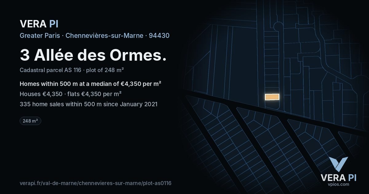 3 Allée des Ormes, Chennevières-sur-Marne at night – the plot lit, the parcels around coloured by the prices near them