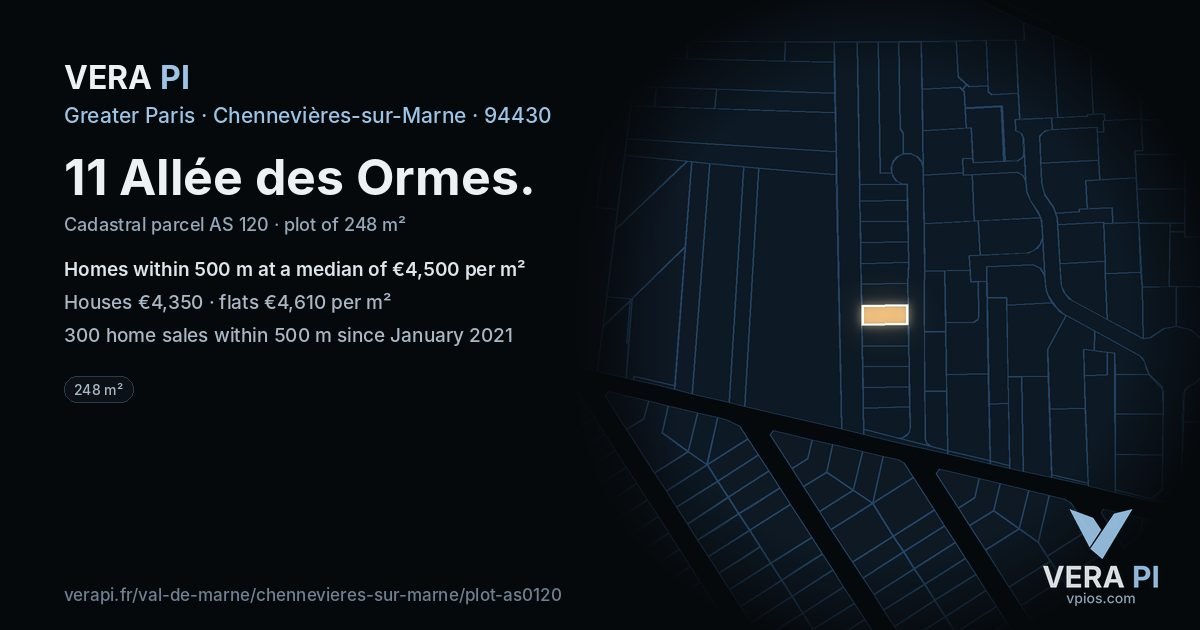 11 Allée des Ormes, Chennevières-sur-Marne at night – the plot lit, the parcels around coloured by the prices near them