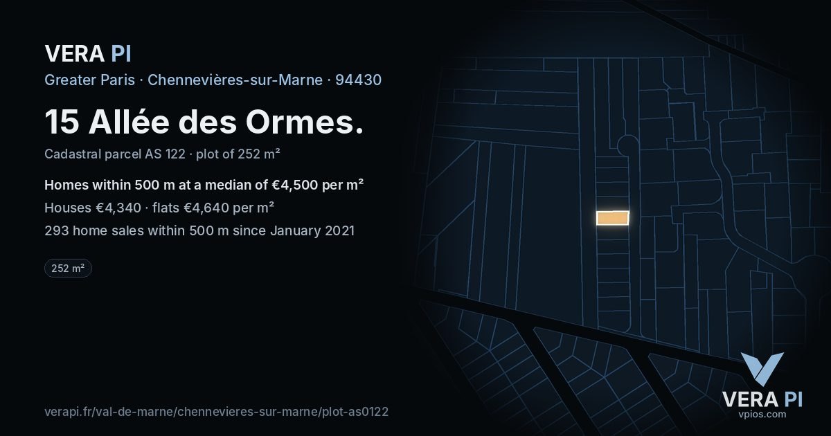 15 Allée des Ormes, Chennevières-sur-Marne at night – the plot lit, the parcels around coloured by the prices near them