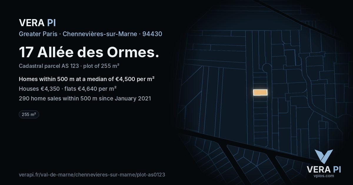 17 Allée des Ormes, Chennevières-sur-Marne at night – the plot lit, the parcels around coloured by the prices near them