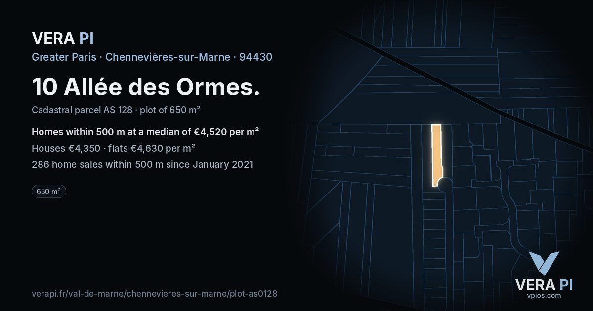 10 Allée des Ormes, Chennevières-sur-Marne at night – the plot lit, the parcels around coloured by the prices near them