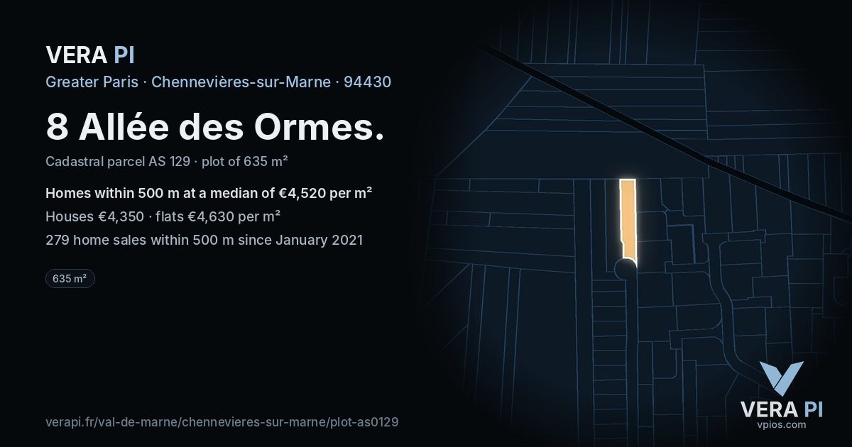 8 Allée des Ormes, Chennevières-sur-Marne at night – the plot lit, the parcels around coloured by the prices near them