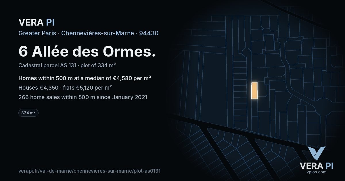 6 Allée des Ormes, Chennevières-sur-Marne at night – the plot lit, the parcels around coloured by the prices near them
