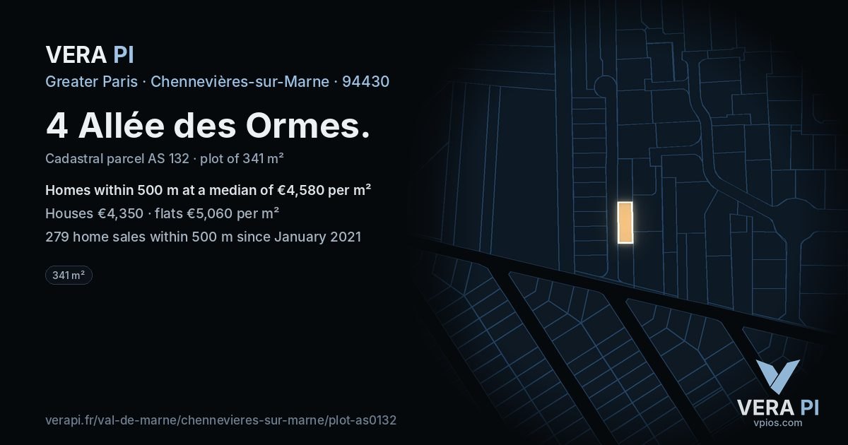 4 Allée des Ormes, Chennevières-sur-Marne at night – the plot lit, the parcels around coloured by the prices near them