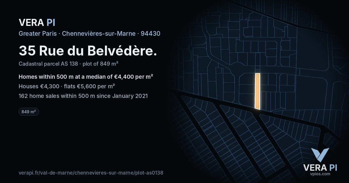 35 Rue du Belvédère, Chennevières-sur-Marne at night – the plot lit, the parcels around coloured by the prices near them