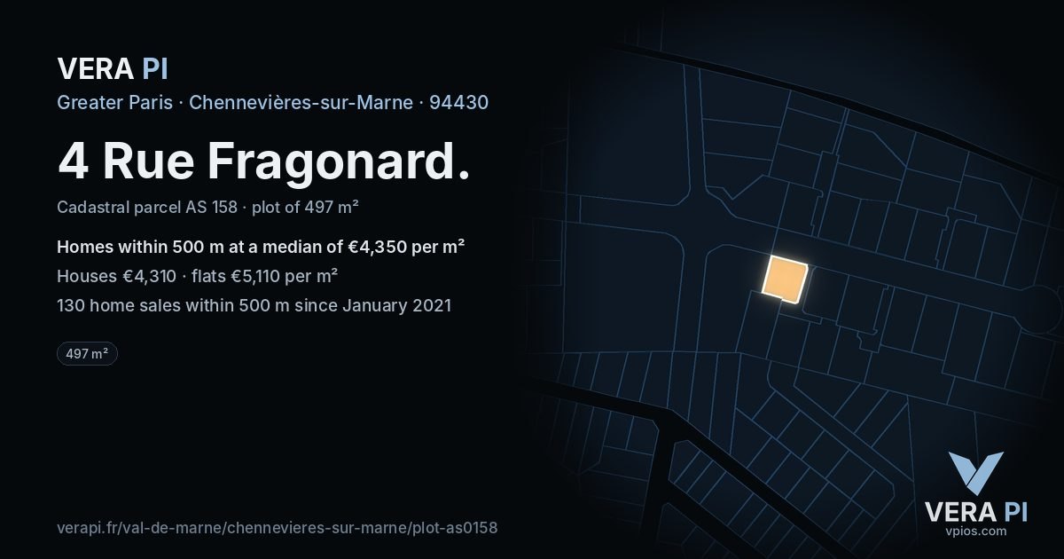 4 Rue Fragonard, Chennevières-sur-Marne at night – the plot lit, the parcels around coloured by the prices near them