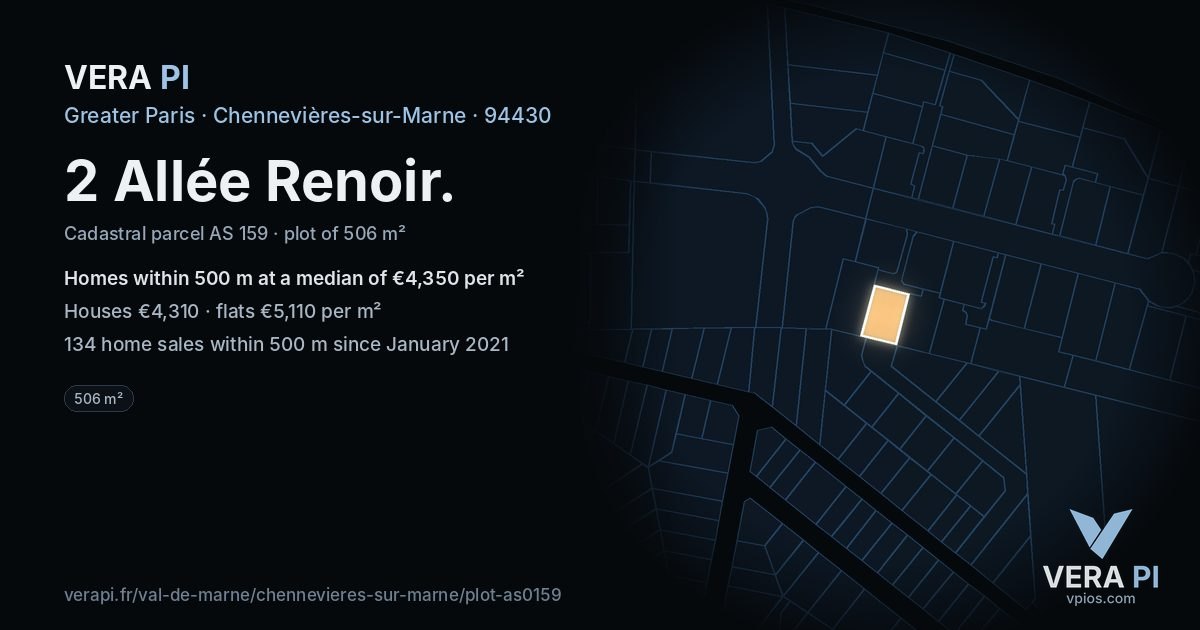 2 Allée Renoir, Chennevières-sur-Marne at night – the plot lit, the parcels around coloured by the prices near them