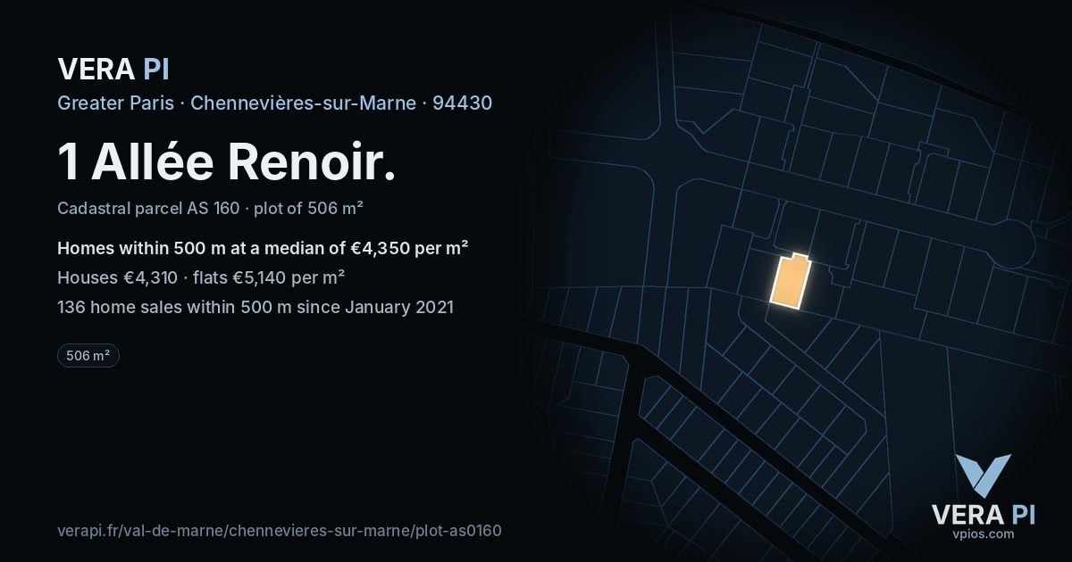 1 Allée Renoir, Chennevières-sur-Marne at night – the plot lit, the parcels around coloured by the prices near them