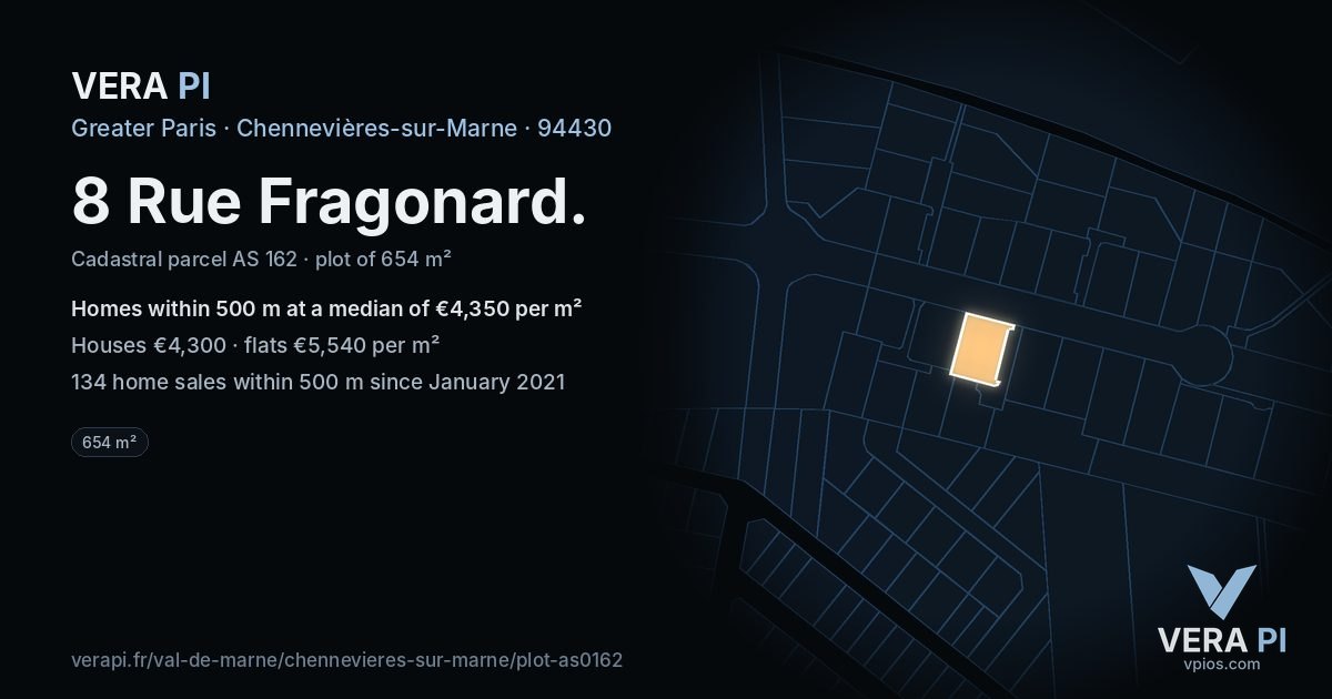 8 Rue Fragonard, Chennevières-sur-Marne at night – the plot lit, the parcels around coloured by the prices near them