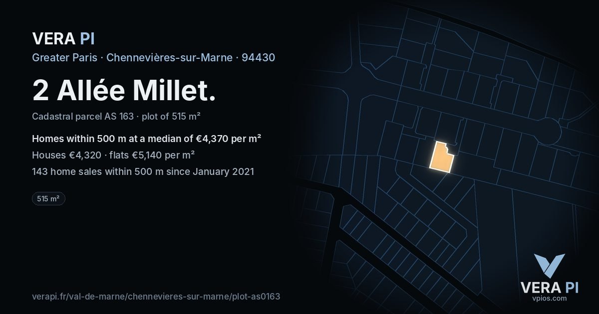 2 Allée Millet, Chennevières-sur-Marne at night – the plot lit, the parcels around coloured by the prices near them