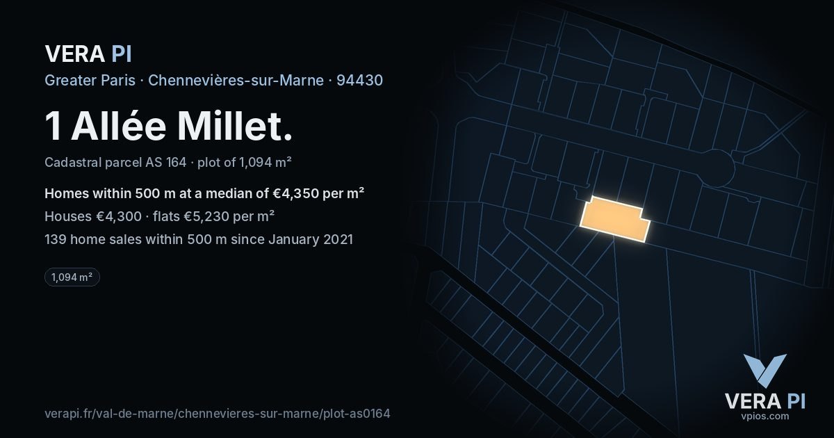 1 Allée Millet, Chennevières-sur-Marne at night – the plot lit, the parcels around coloured by the prices near them