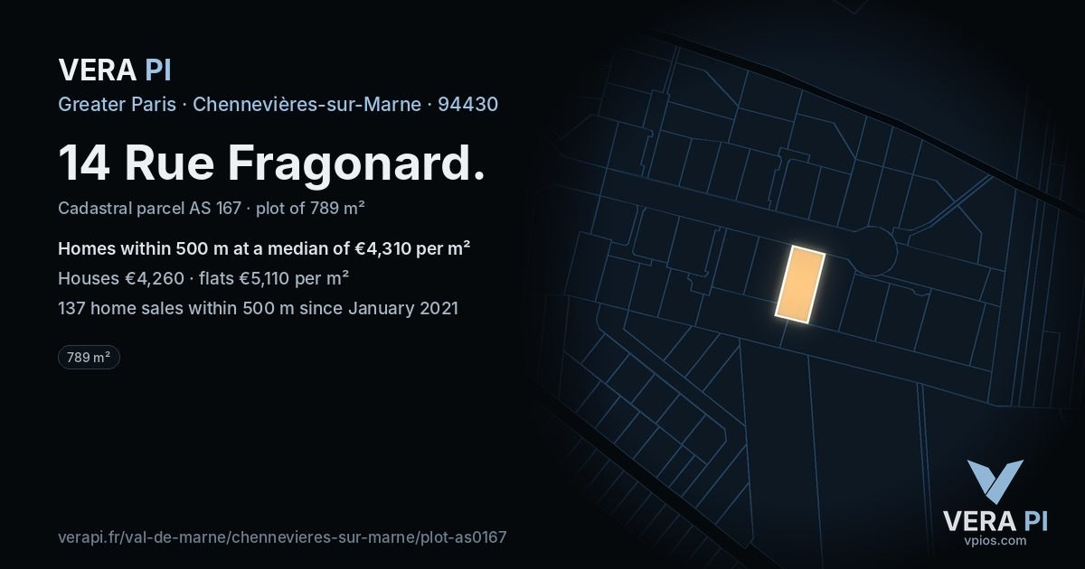 14 Rue Fragonard, Chennevières-sur-Marne at night – the plot lit, the parcels around coloured by the prices near them