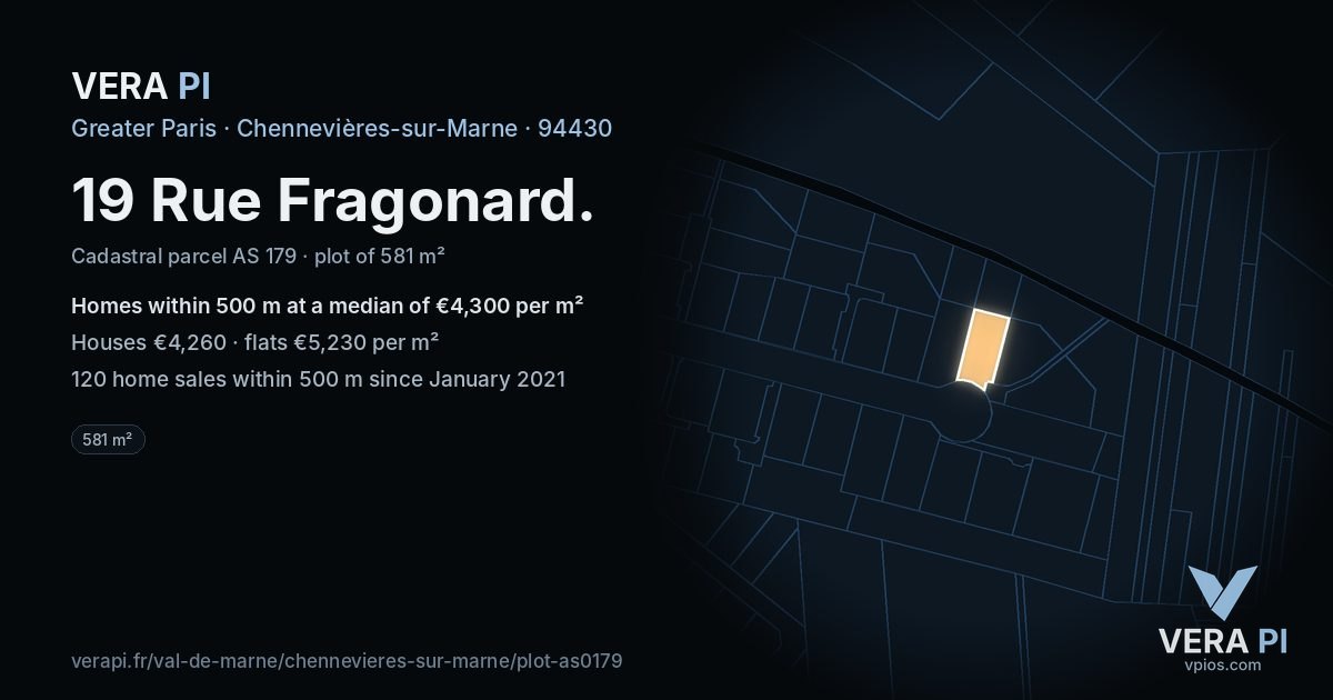 19 Rue Fragonard, Chennevières-sur-Marne at night – the plot lit, the parcels around coloured by the prices near them