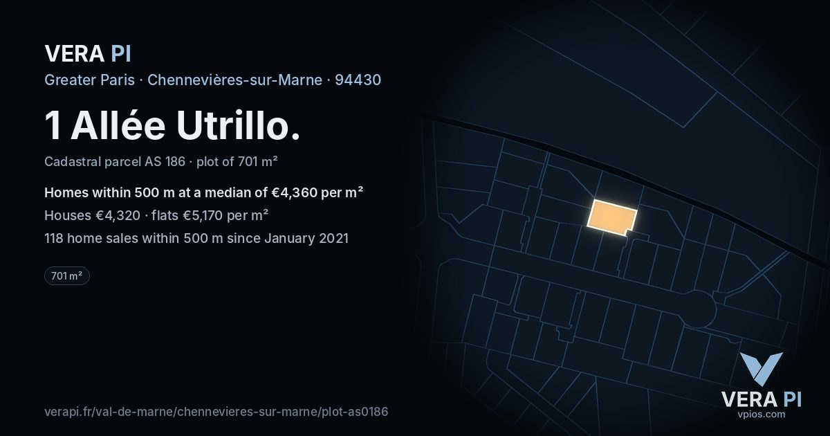 1 Allée Utrillo, Chennevières-sur-Marne at night – the plot lit, the parcels around coloured by the prices near them