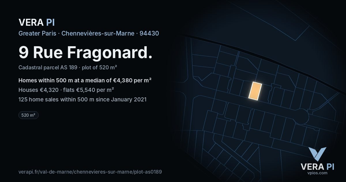 9 Rue Fragonard, Chennevières-sur-Marne at night – the plot lit, the parcels around coloured by the prices near them