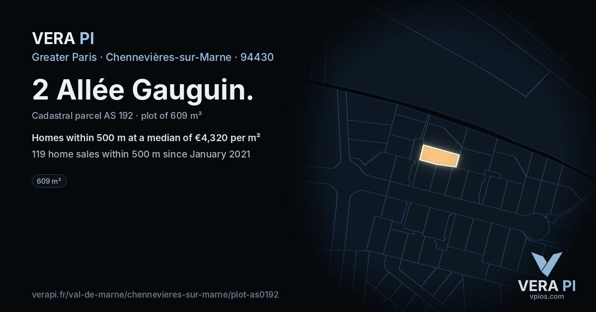2 Allée Gauguin, Chennevières-sur-Marne at night – the plot lit, the parcels around coloured by the prices near them