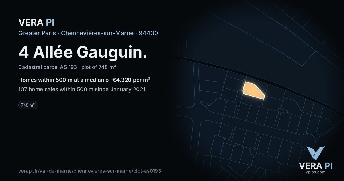 4 Allée Gauguin, Chennevières-sur-Marne at night – the plot lit, the parcels around coloured by the prices near them