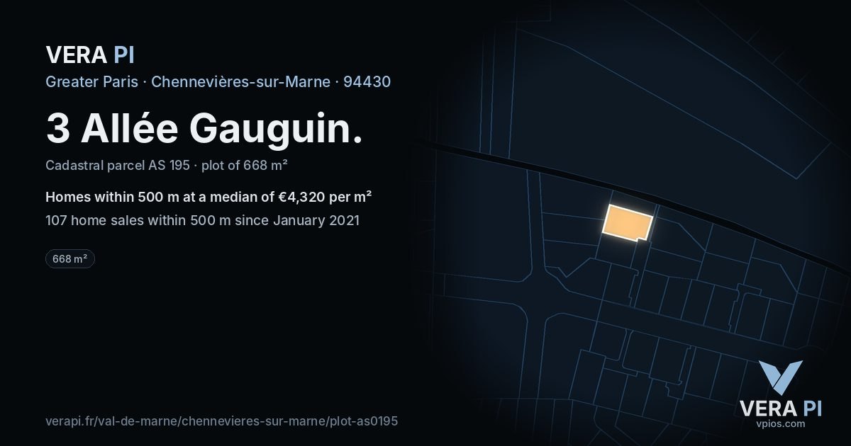 3 Allée Gauguin, Chennevières-sur-Marne at night – the plot lit, the parcels around coloured by the prices near them