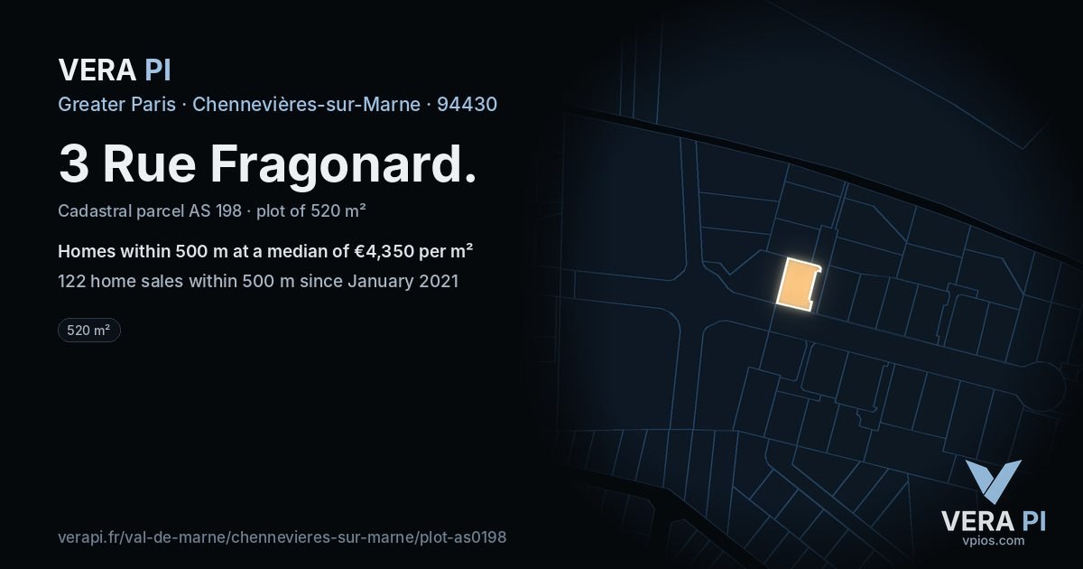 3 Rue Fragonard, Chennevières-sur-Marne at night – the plot lit, the parcels around coloured by the prices near them