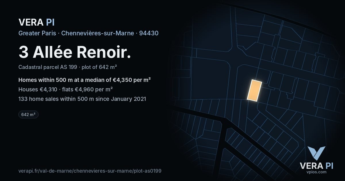 3 Allée Renoir, Chennevières-sur-Marne at night – the plot lit, the parcels around coloured by the prices near them