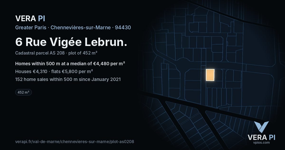 6 Rue Vigée Lebrun, Chennevières-sur-Marne at night – the plot lit, the parcels around coloured by the prices near them