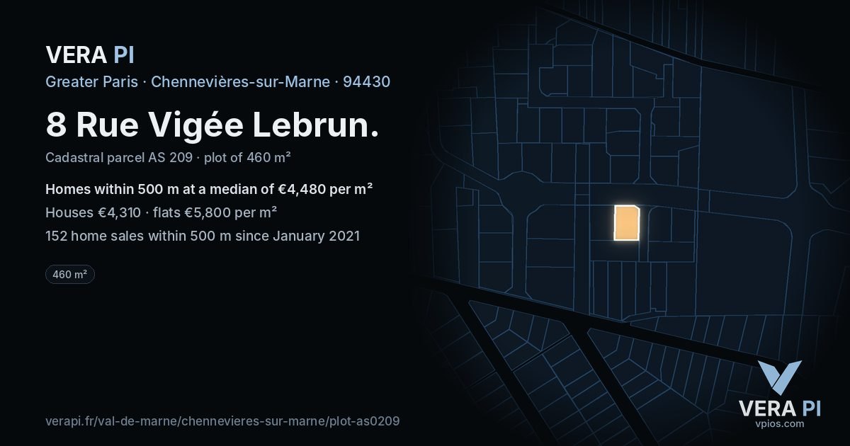 8 Rue Vigée Lebrun, Chennevières-sur-Marne at night – the plot lit, the parcels around coloured by the prices near them