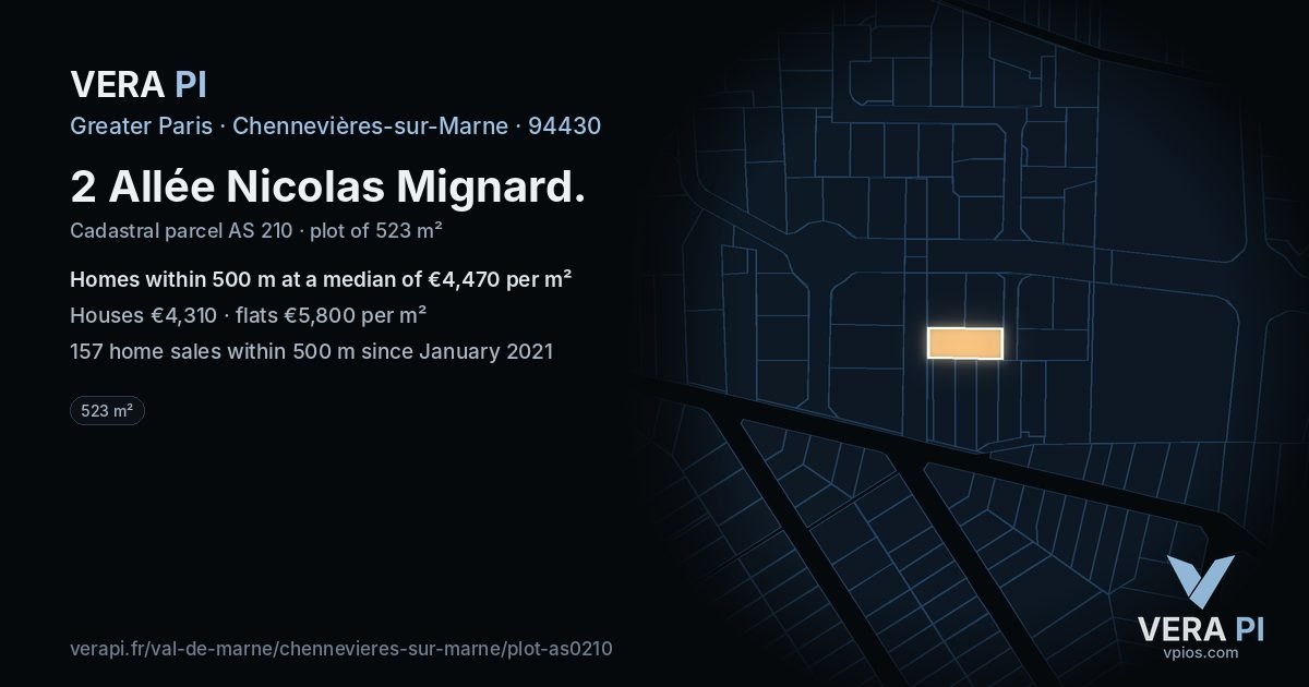 2 Allée Nicolas Mignard, Chennevières-sur-Marne at night – the plot lit, the parcels around coloured by the prices near them