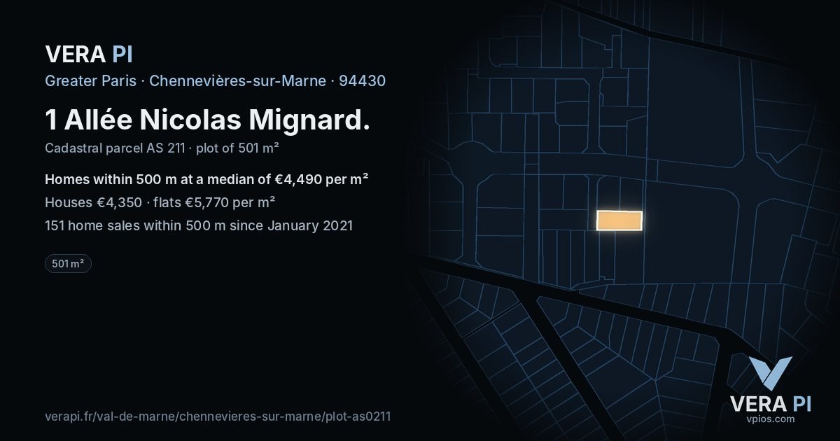 1 Allée Nicolas Mignard, Chennevières-sur-Marne at night – the plot lit, the parcels around coloured by the prices near them