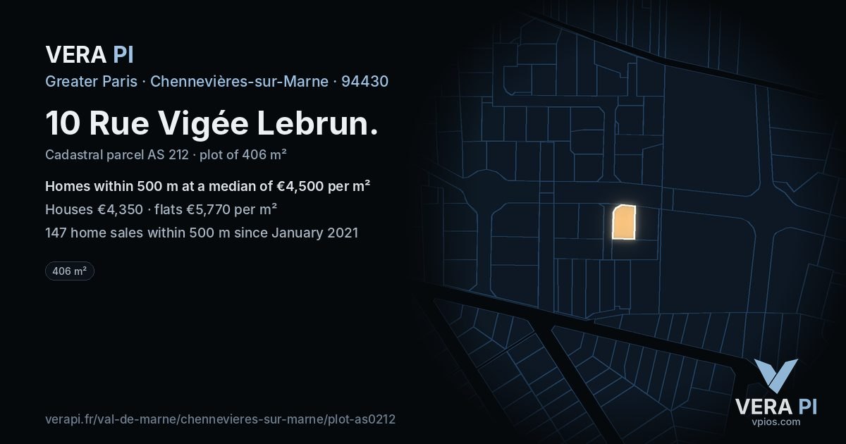 10 Rue Vigée Lebrun, Chennevières-sur-Marne at night – the plot lit, the parcels around coloured by the prices near them
