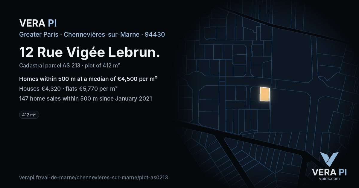 12 Rue Vigée Lebrun, Chennevières-sur-Marne at night – the plot lit, the parcels around coloured by the prices near them