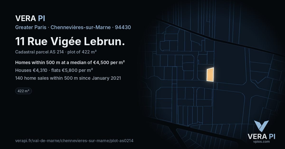 11 Rue Vigée Lebrun, Chennevières-sur-Marne at night – the plot lit, the parcels around coloured by the prices near them