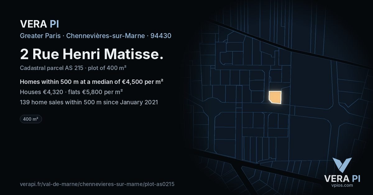 2 Rue Henri Matisse, Chennevières-sur-Marne at night – the plot lit, the parcels around coloured by the prices near them
