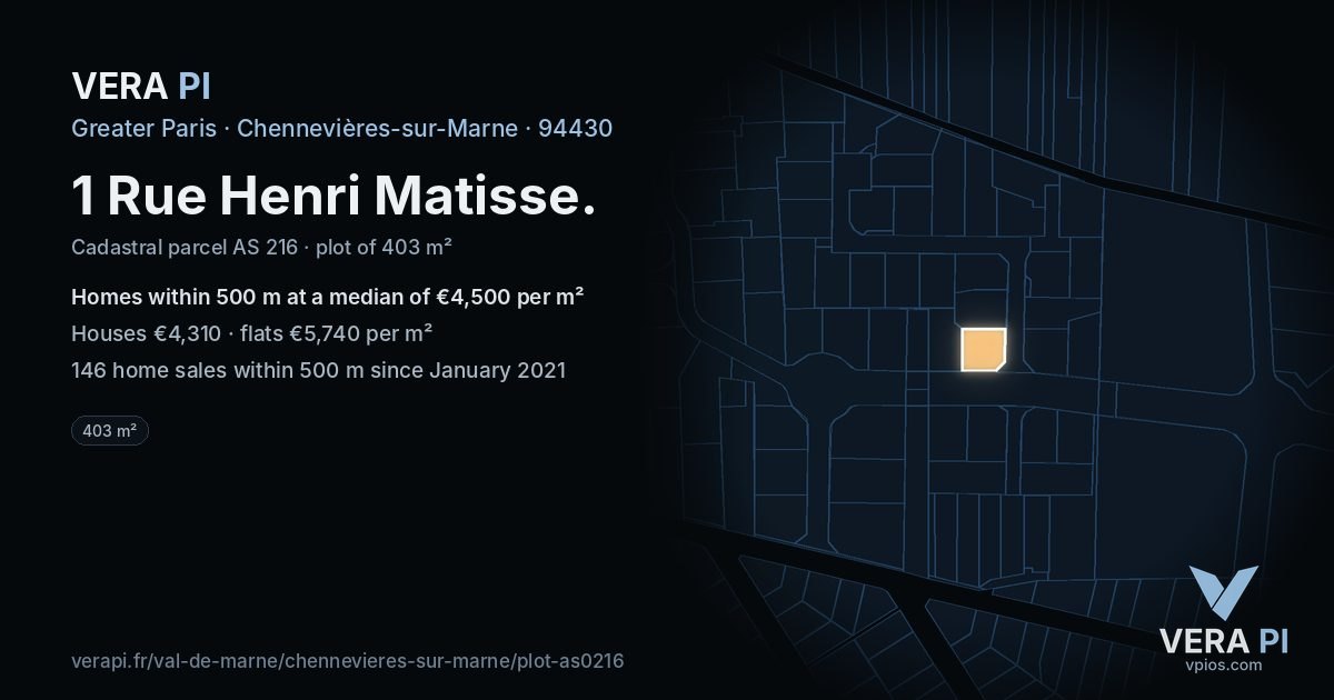1 Rue Henri Matisse, Chennevières-sur-Marne at night – the plot lit, the parcels around coloured by the prices near them