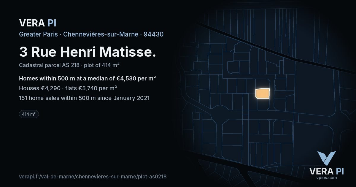 3 Rue Henri Matisse, Chennevières-sur-Marne at night – the plot lit, the parcels around coloured by the prices near them