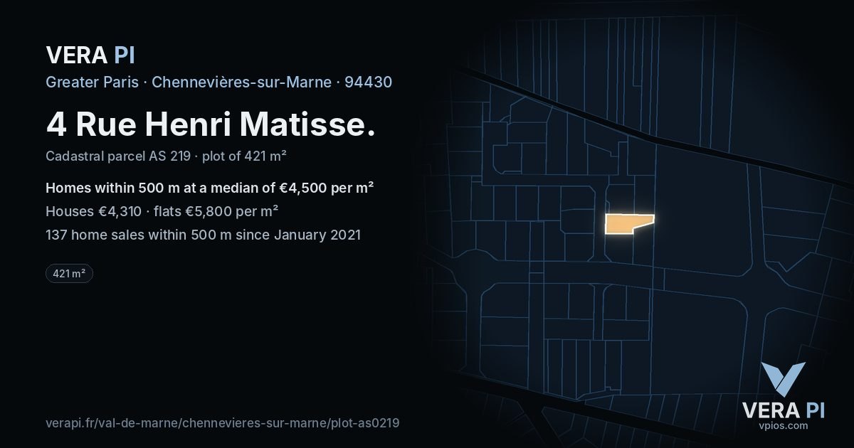 4 Rue Henri Matisse, Chennevières-sur-Marne at night – the plot lit, the parcels around coloured by the prices near them