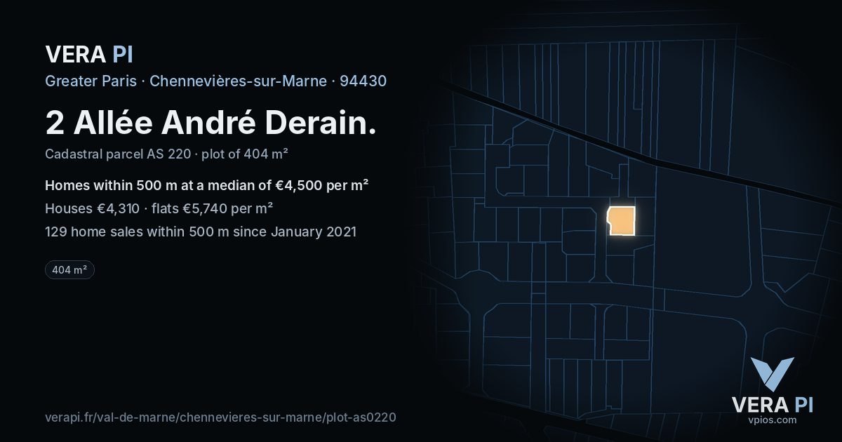 2 Allée André Derain, Chennevières-sur-Marne at night – the plot lit, the parcels around coloured by the prices near them