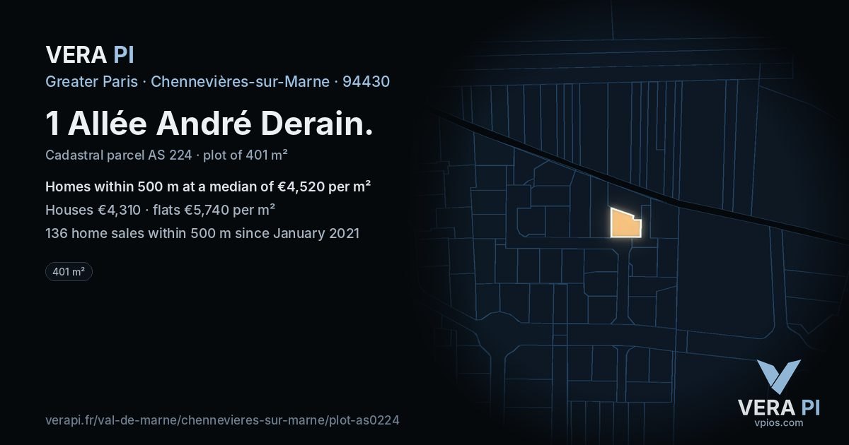 1 Allée André Derain, Chennevières-sur-Marne at night – the plot lit, the parcels around coloured by the prices near them