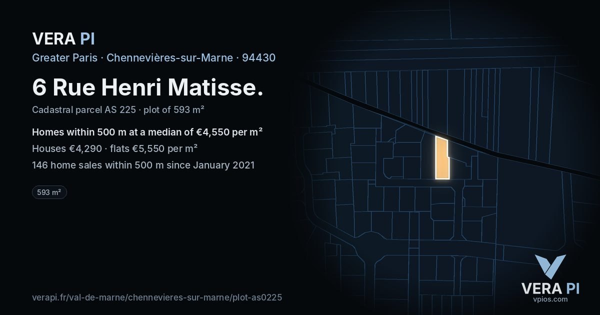6 Rue Henri Matisse, Chennevières-sur-Marne at night – the plot lit, the parcels around coloured by the prices near them